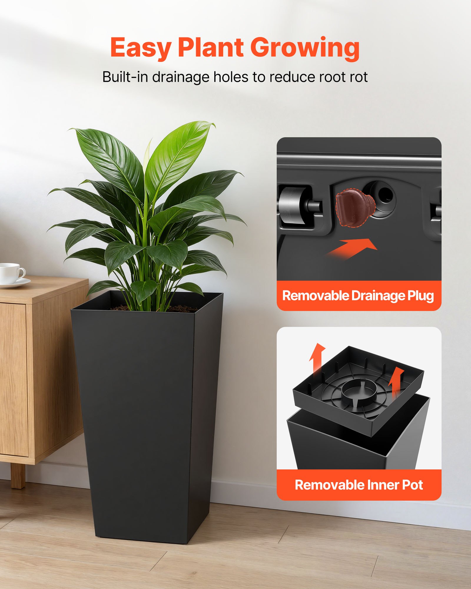 VEVOR Macetas Altas para Plantas 655 mm, Juego de 2 Piezas, Maceteros Grandes para Interior y Exterior, Cónico Cuadrado, con Ruedas Depósito Drenaje, Decoración para Jardín Porche Salón Oficina, Negro