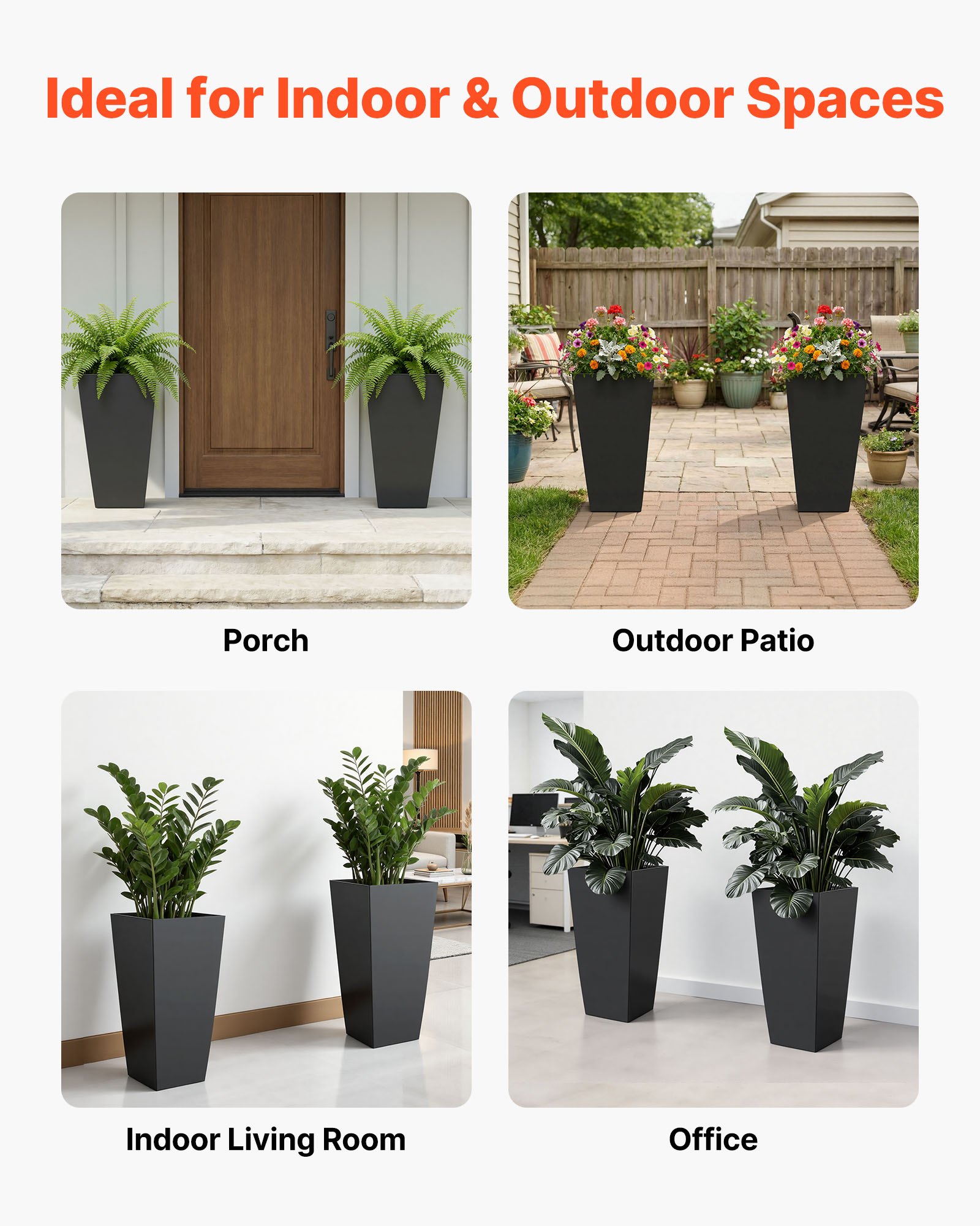 VEVOR Macetas Altas para Plantas 655 mm, Juego de 2 Piezas, Maceteros Grandes para Interior y Exterior, Cónico Cuadrado, con Ruedas Depósito Drenaje, Decoración para Jardín Porche Salón Oficina, Negro