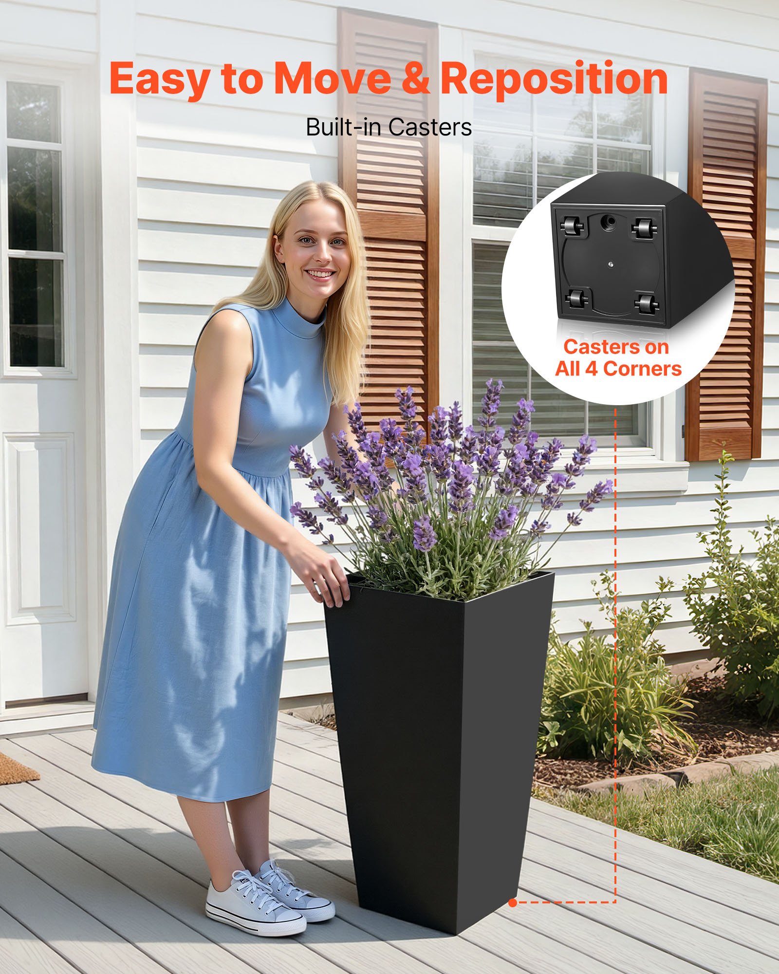 VEVOR Macetas Altas para Plantas 655 mm, Juego de 2 Piezas, Maceteros Grandes para Interior y Exterior, Cónico Cuadrado, con Ruedas Depósito Drenaje, Decoración para Jardín Porche Salón Oficina, Negro