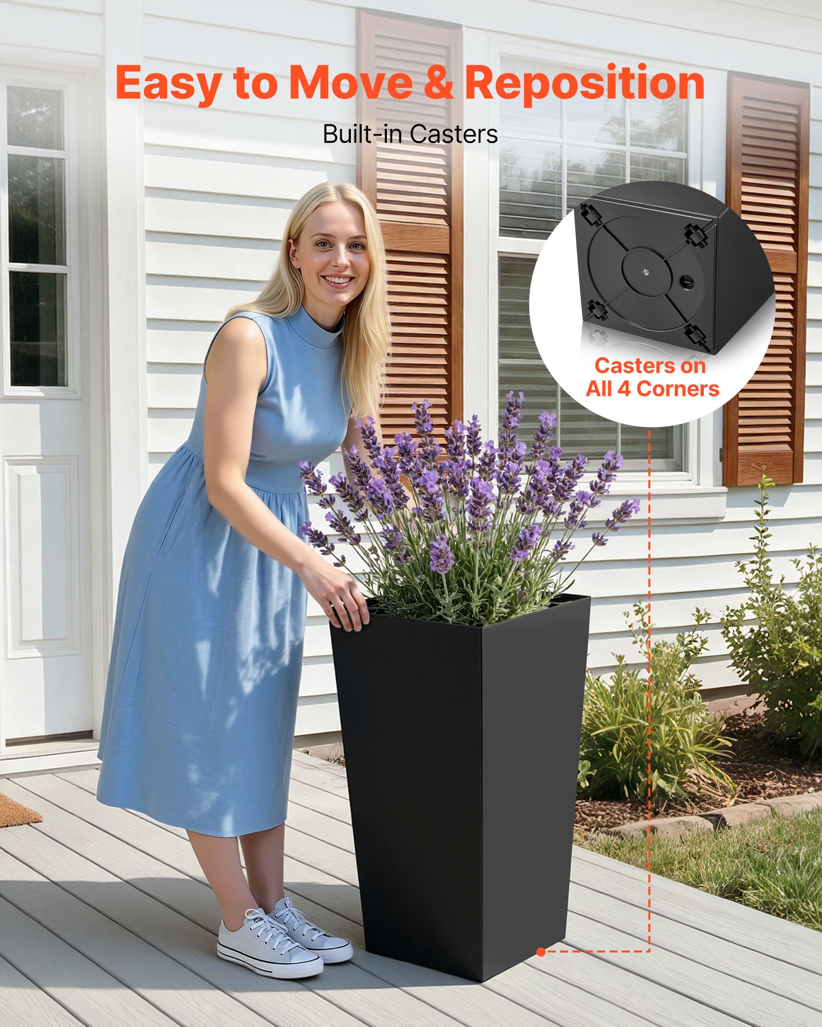 VEVOR Macetas Altas para Plantas 750 mm, Paquete de 2 Piezas, Maceteros Grandes para Interior y Exterior, Cónico Cuadrado con Ruedas Depósito Tapón de Drenaje, Plástico, para Jardín Patio Salón, Negro