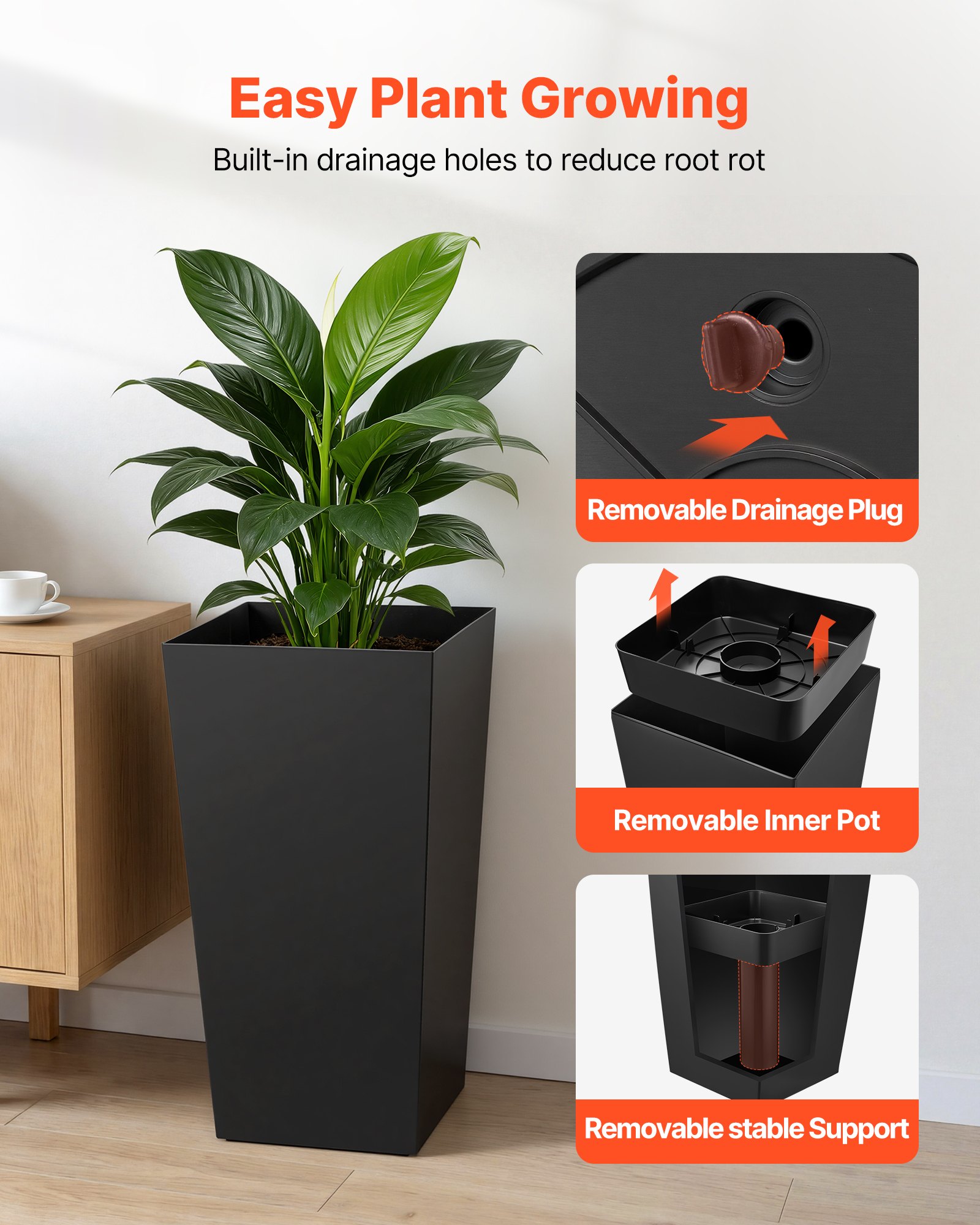 VEVOR Macetas Altas para Plantas 750 mm, Paquete de 2 Piezas, Maceteros Grandes para Interior y Exterior, Cónico Cuadrado con Ruedas Depósito Tapón de Drenaje, Plástico, para Jardín Patio Salón, Negro