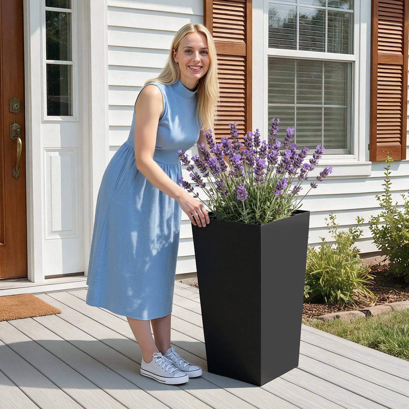 VEVOR Macetas Altas para Plantas 750 mm, Paquete de 2 Piezas, Maceteros Grandes para Interior y Exterior, Cónico Cuadrado con Ruedas Depósito Tapón de Drenaje, Plástico, para Jardín Patio Salón, Negro