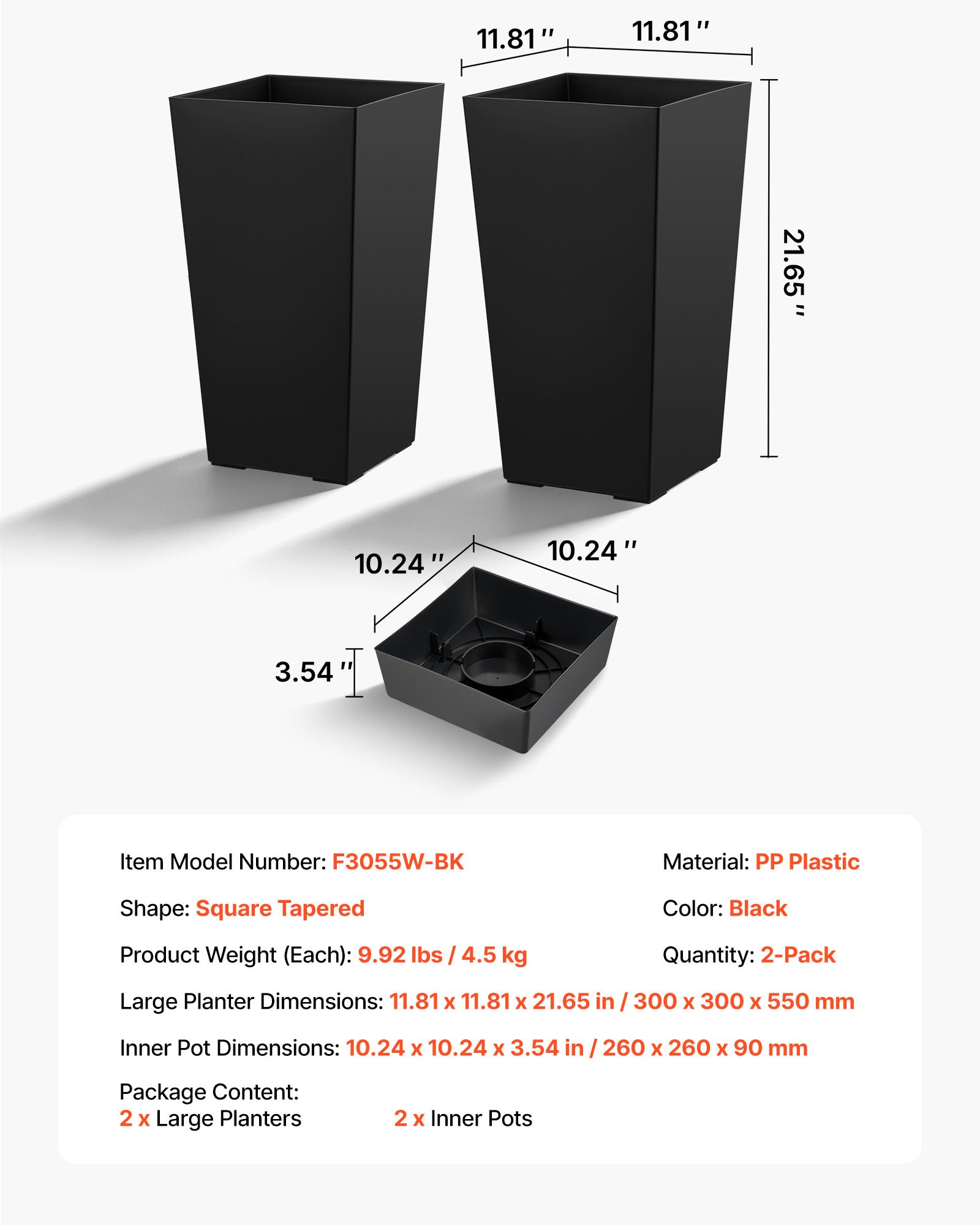 VEVOR Macetas Altas para Plantas 550 mm, Paquete de 2 Piezas, Maceteros Grandes para Interior y Exterior, Cónico Cuadrado, Diseño Moderno, con Depósito, Plástico, para Jardín Patio Salón, Color Negro