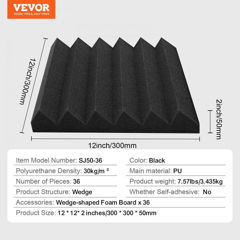 VEVOR Paneles de Espuma Acústica 30,5 x 30,5 x 5 cm, Paneles de Pared Insonorizados Alta Densidad, Paneles Absorbentes de Sonido para Paredes y Techos de Estudios, Negro, 36 uds