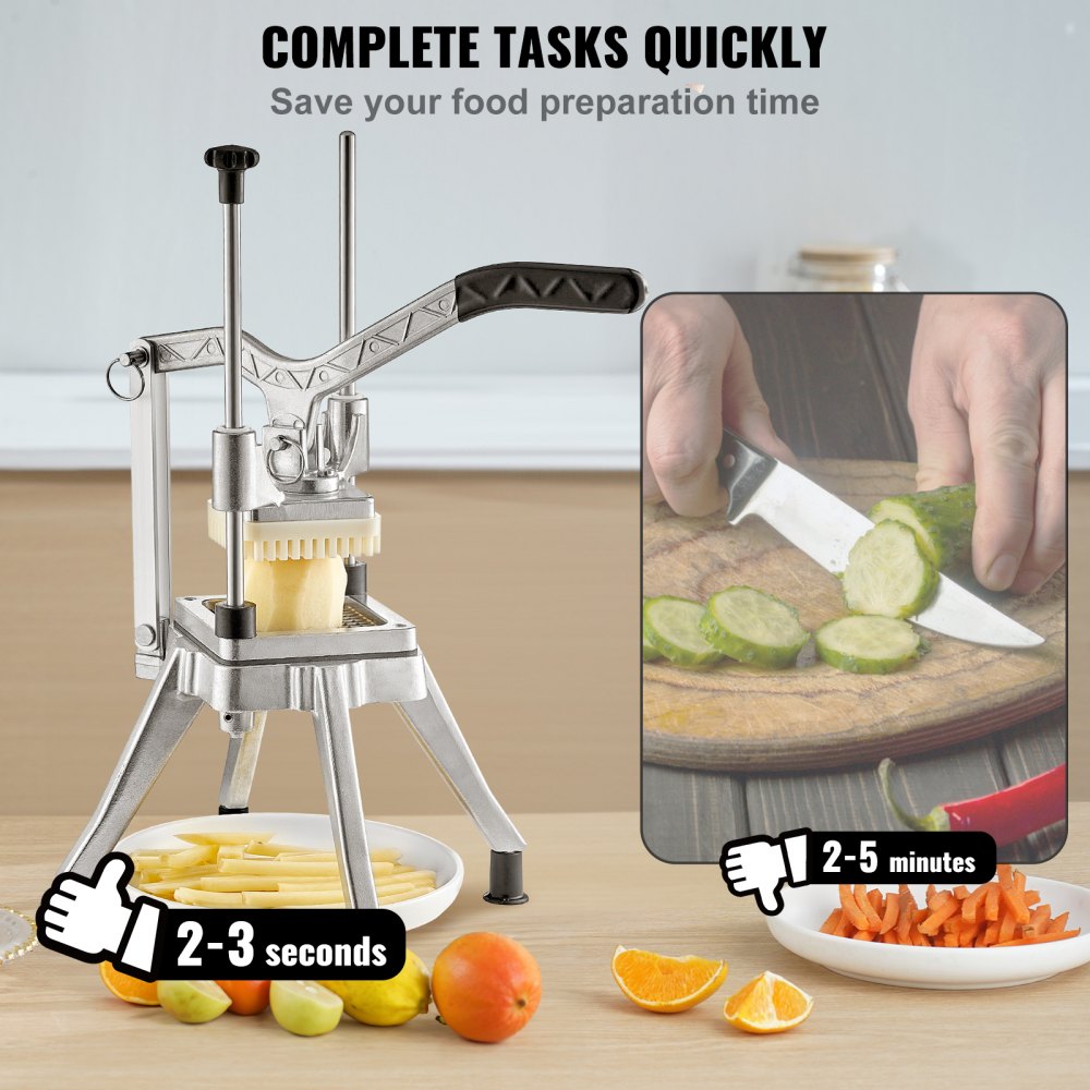 Picadora de frutas y verduras VEVOR en la encimera de la cocina, enfatizando la velocidad en comparación con el corte manual.