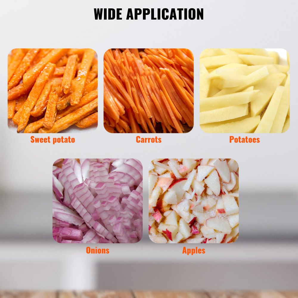 Picadora de frutas y verduras VEVOR que permite picar batatas, zanahorias, patatas, cebollas y manzanas.