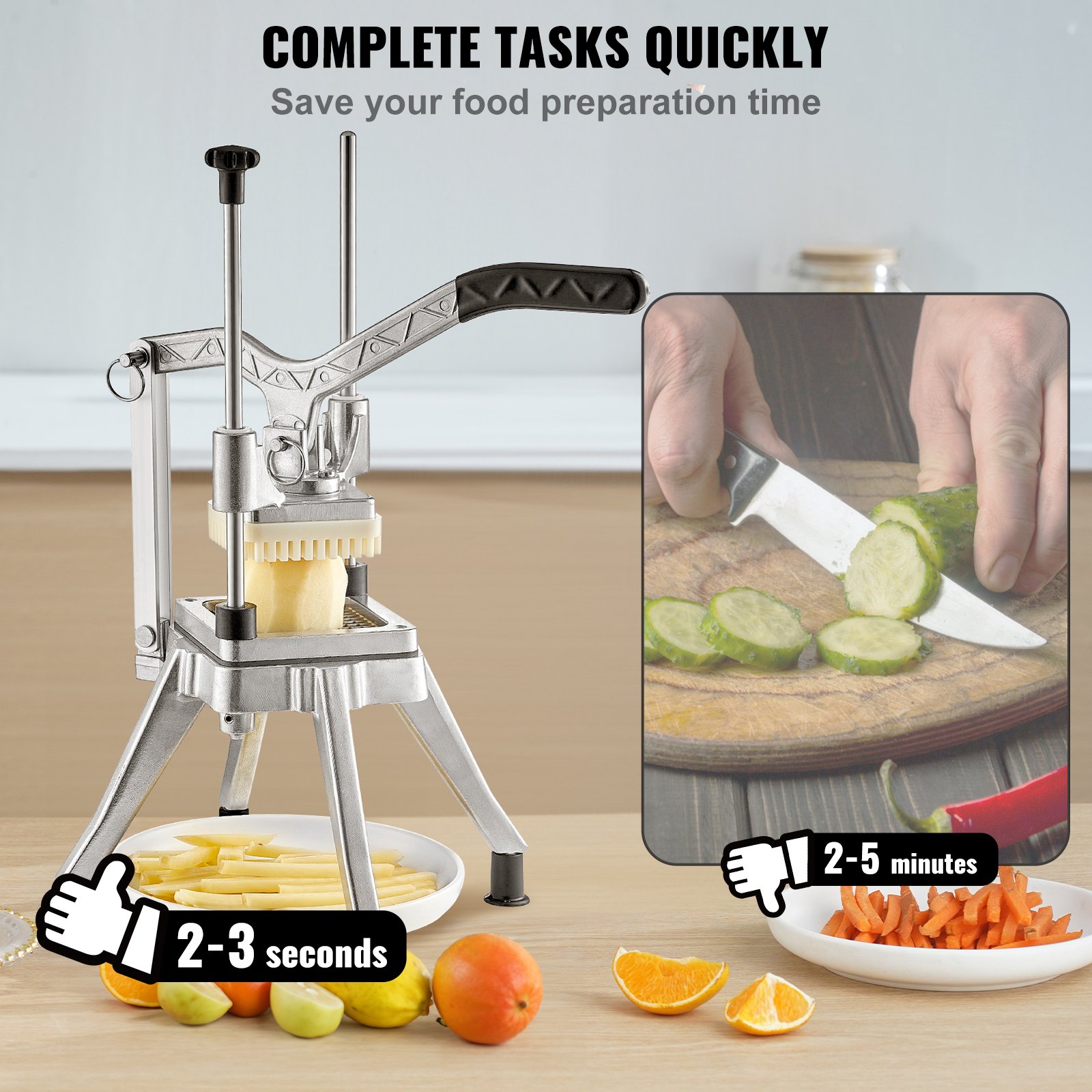 Picadora de frutas y verduras VEVOR en la encimera de la cocina, enfatizando la velocidad en comparación con el corte manual.