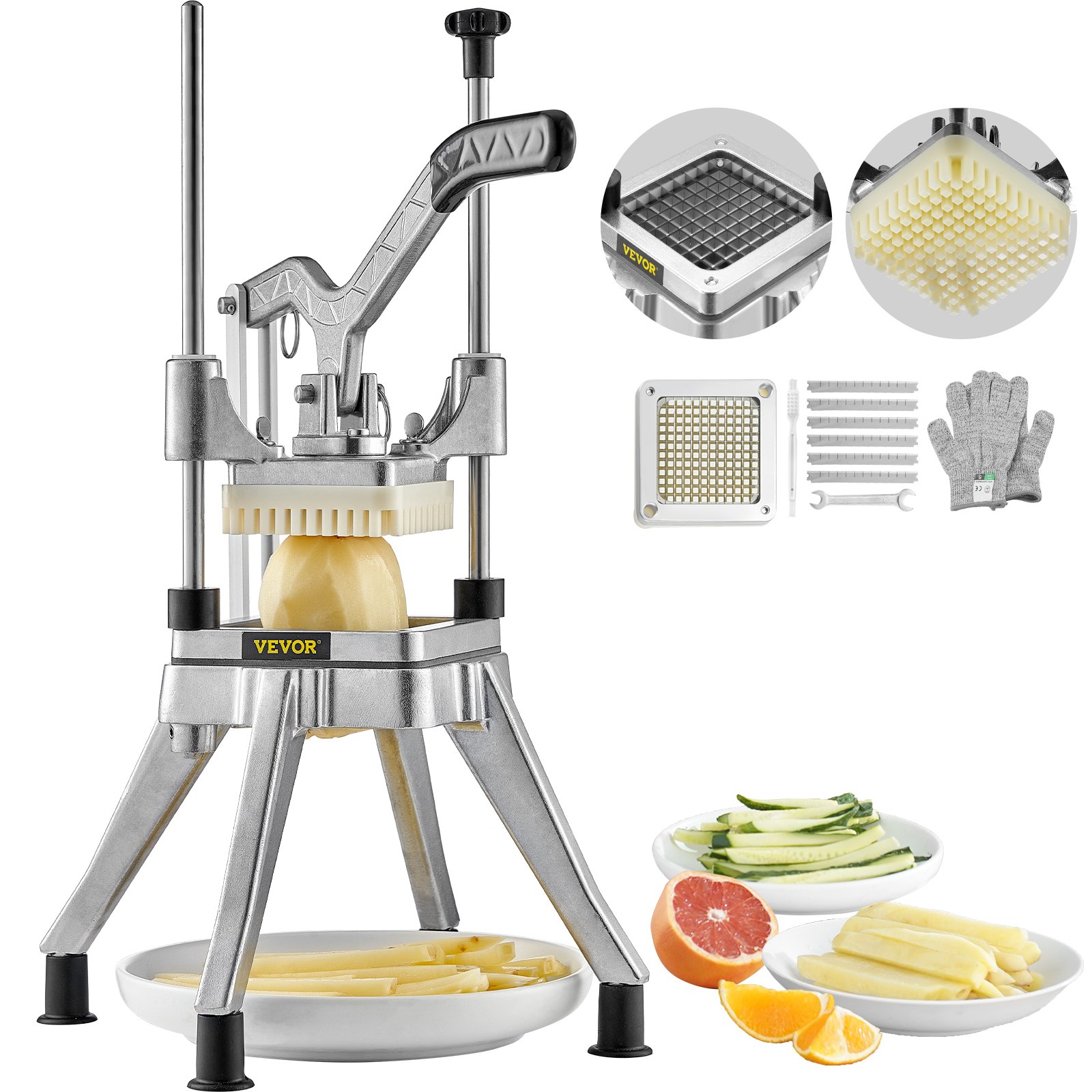 Picadora de frutas y verduras VEVOR con cuchillas, guantes de seguridad y productos picados en platos.