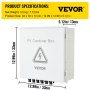 Caja combinadora fotovoltaica VEVOR con especificaciones de dimensiones y peso.