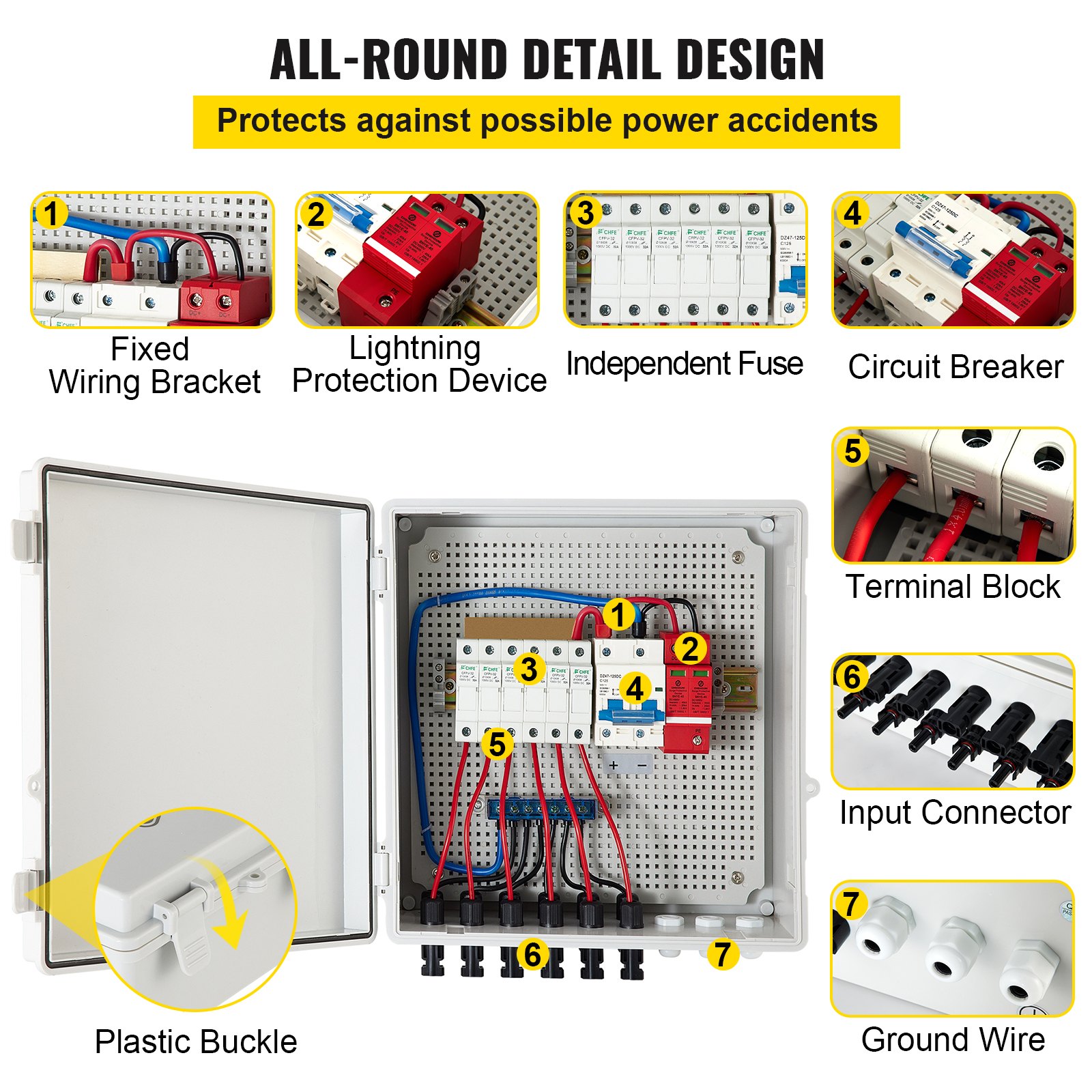 Diseño detallado de la caja combinadora fotovoltaica VEVOR con cableado, protección contra rayos y fusibles.