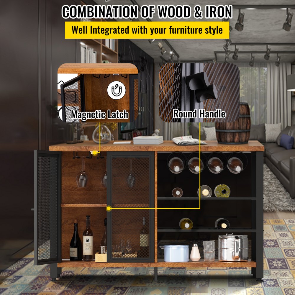VEVOR Gabinete de Bar Industrial Capacidad 330lbs Gabinetes de Bar 120x34,5x76,2cm Gabinete de Barra de Vino con Soportes para Copas de Vino Puerta de Malla Metálica para Cocina, Dormitorio y Estudio