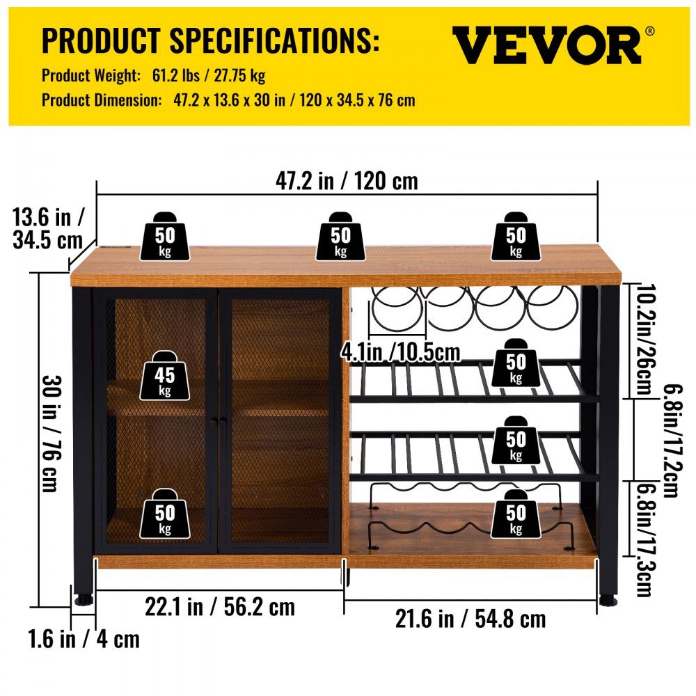 VEVOR Gabinete de Bar Industrial Capacidad 330lbs Gabinetes de Bar 120x34,5x76,2cm Gabinete de Barra de Vino con Soportes para Copas de Vino Puerta de Malla Metálica para Cocina, Dormitorio y Estudio