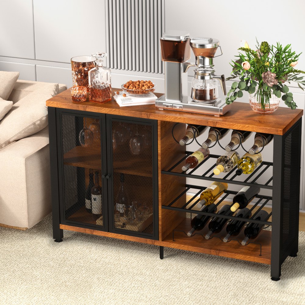 VEVOR Gabinete de Bar Industrial Capacidad 330lbs Gabinetes de Bar 120x34,5x76,2cm Gabinete de Barra de Vino con Soportes para Copas de Vino Puerta de Malla Metálica para Cocina, Dormitorio y Estudio