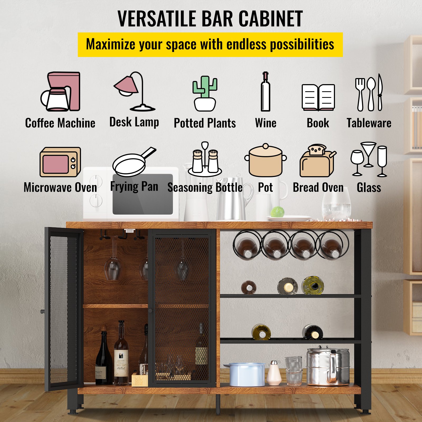 VEVOR Gabinete de Bar Industrial Capacidad 330lbs Gabinetes de Bar 120x34,5x76,2cm Gabinete de Barra de Vino con Soportes para Copas de Vino Puerta de Malla Metálica para Cocina, Dormitorio y Estudio