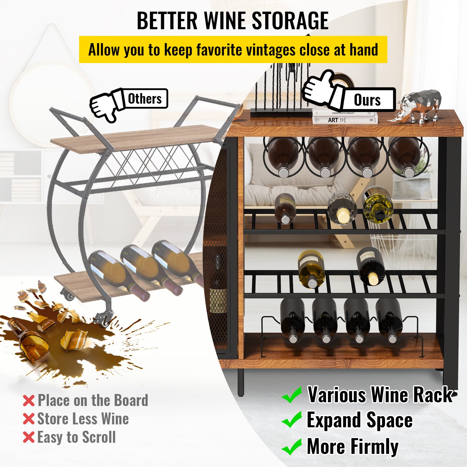 VEVOR Gabinete de Bar Industrial Capacidad 330lbs Gabinetes de Bar 120x34,5x76,2cm Gabinete de Barra de Vino con Soportes para Copas de Vino Puerta de Malla Metálica para Cocina, Dormitorio y Estudio