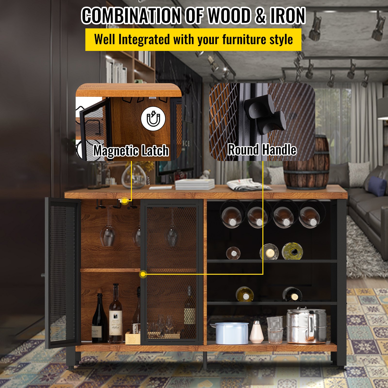 VEVOR Gabinete de Bar Industrial Capacidad 330lbs Gabinetes de Bar 120x34,5x76,2cm Gabinete de Barra de Vino con Soportes para Copas de Vino Puerta de Malla Metálica para Cocina, Dormitorio y Estudio