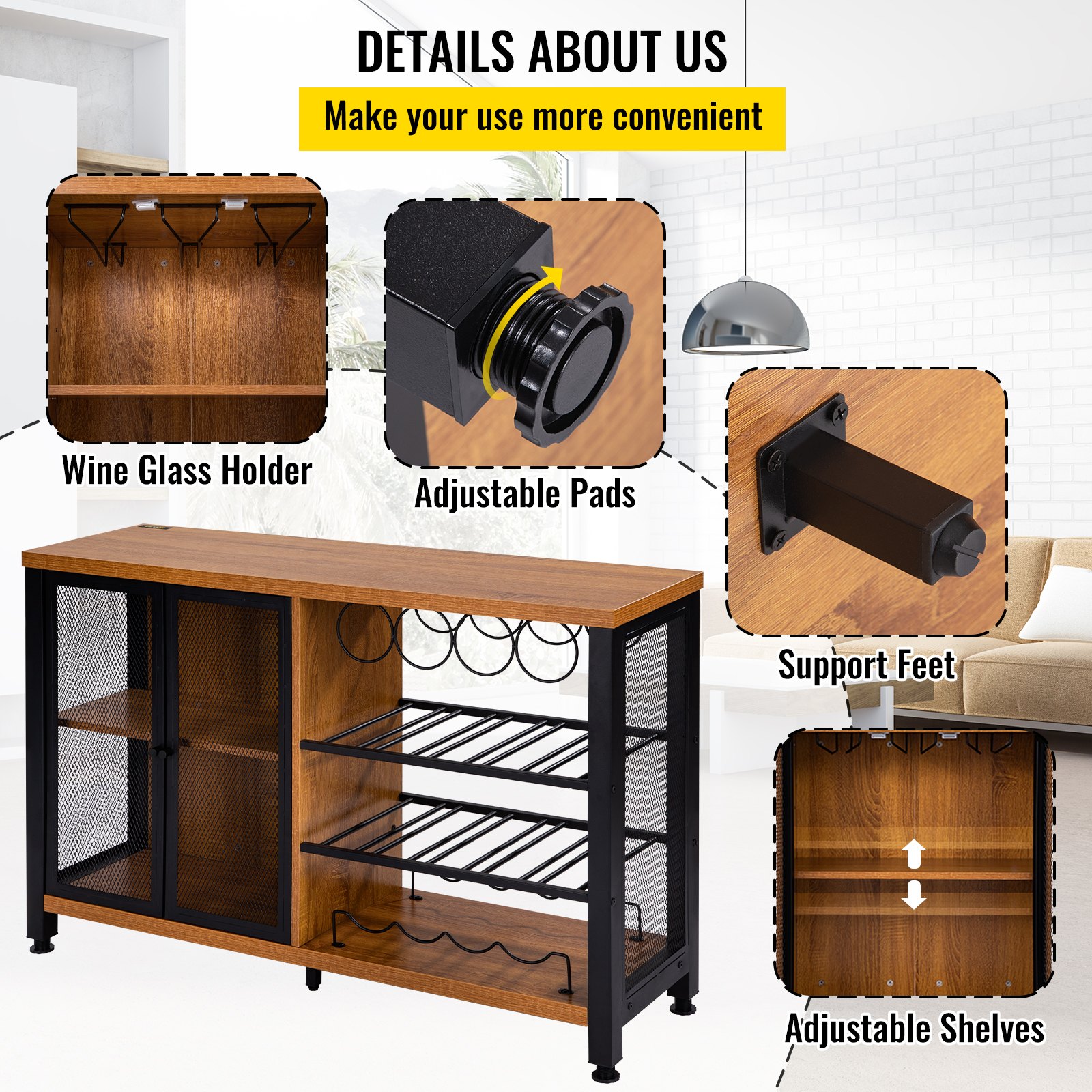 VEVOR Gabinete de Bar Industrial Capacidad 330lbs Gabinetes de Bar 120x34,5x76,2cm Gabinete de Barra de Vino con Soportes para Copas de Vino Puerta de Malla Metálica para Cocina, Dormitorio y Estudio