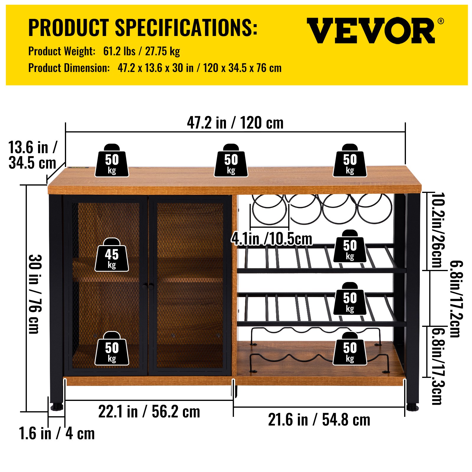 VEVOR Gabinete de Bar Industrial Capacidad 330lbs Gabinetes de Bar 120x34,5x76,2cm Gabinete de Barra de Vino con Soportes para Copas de Vino Puerta de Malla Metálica para Cocina, Dormitorio y Estudio