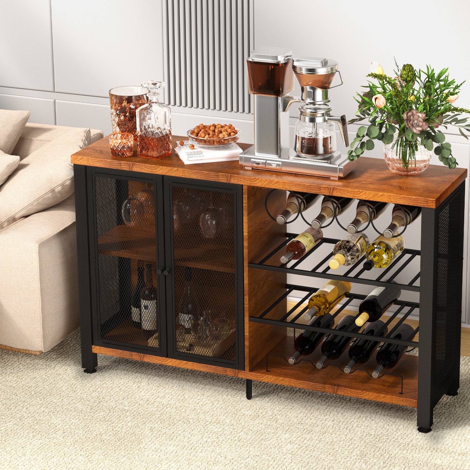 VEVOR Gabinete de Bar Industrial Capacidad 330lbs Gabinetes de Bar 120x34,5x76,2cm Gabinete de Barra de Vino con Soportes para Copas de Vino Puerta de Malla Metálica para Cocina, Dormitorio y Estudio