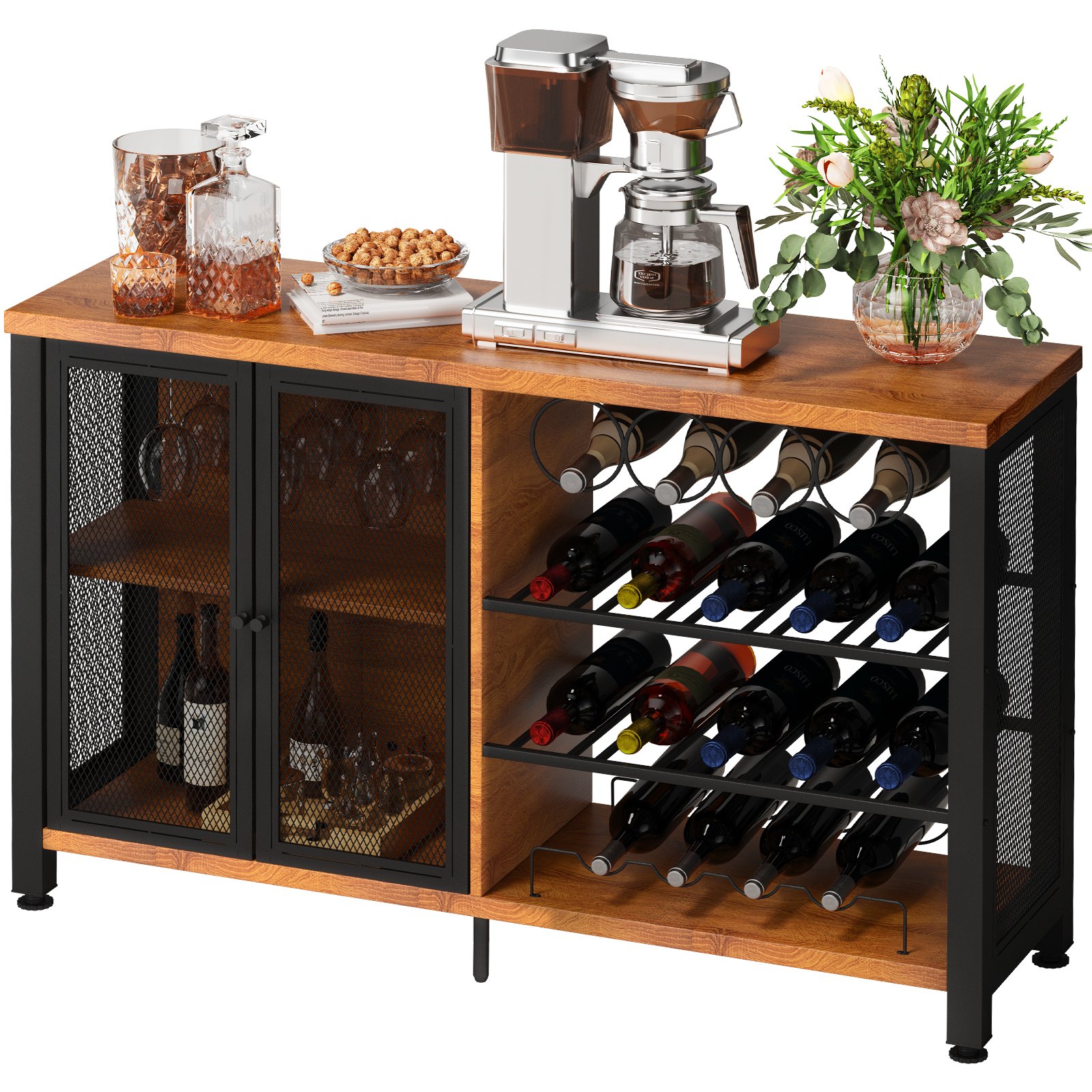 VEVOR Gabinete de Bar Industrial Capacidad 330lbs Gabinetes de Bar 120x34,5x76,2cm Gabinete de Barra de Vino con Soportes para Copas de Vino Puerta de Malla Metálica para Cocina, Dormitorio y Estudio