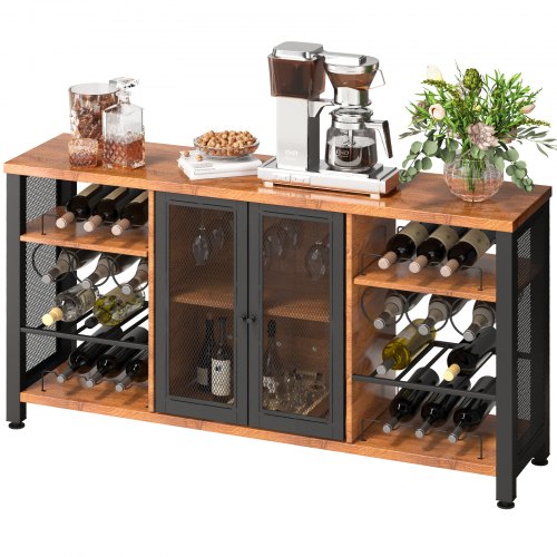 VEVOR Gabinete de Bar Industrial Capacidad 330lbs Gabinetes de Bar 140x34,5x76,2 cm Gabinete de Barra de Vino con Soporte para Copas de Vino Puerta de Malla Metálica para Cocina, Dormitorio y Estudio
