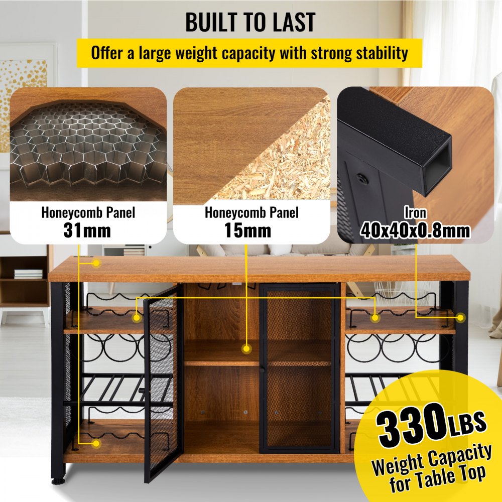 VEVOR Gabinete de Bar Industrial Capacidad 330lbs Gabinetes de Bar 140x34,5x76,2 cm Gabinete de Barra de Vino con Soporte para Copas de Vino Puerta de Malla Metálica para Cocina, Dormitorio y Estudio