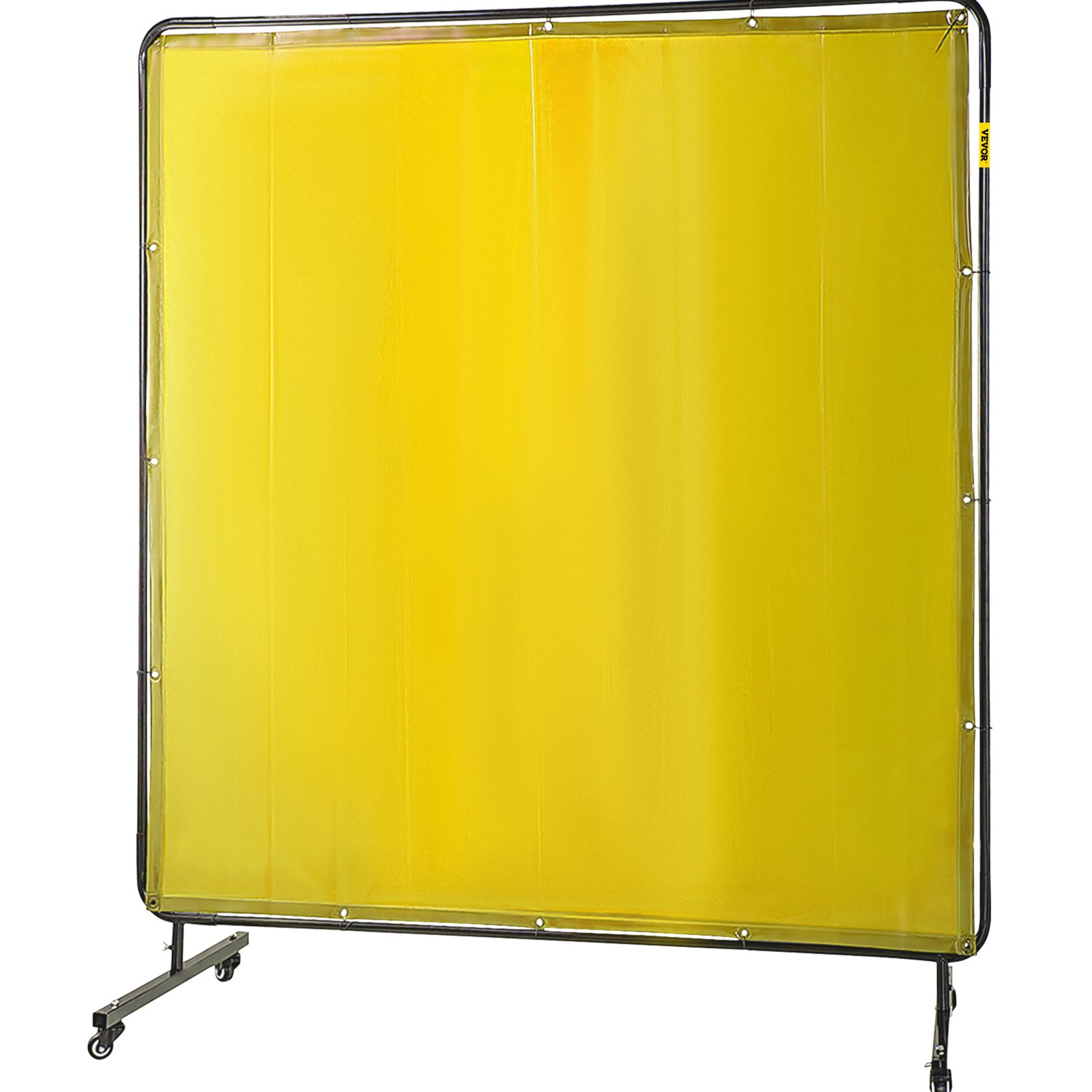 Pantalla de soldadura VEVOR amarilla con estructura de metal y ruedas para fácil movilidad.