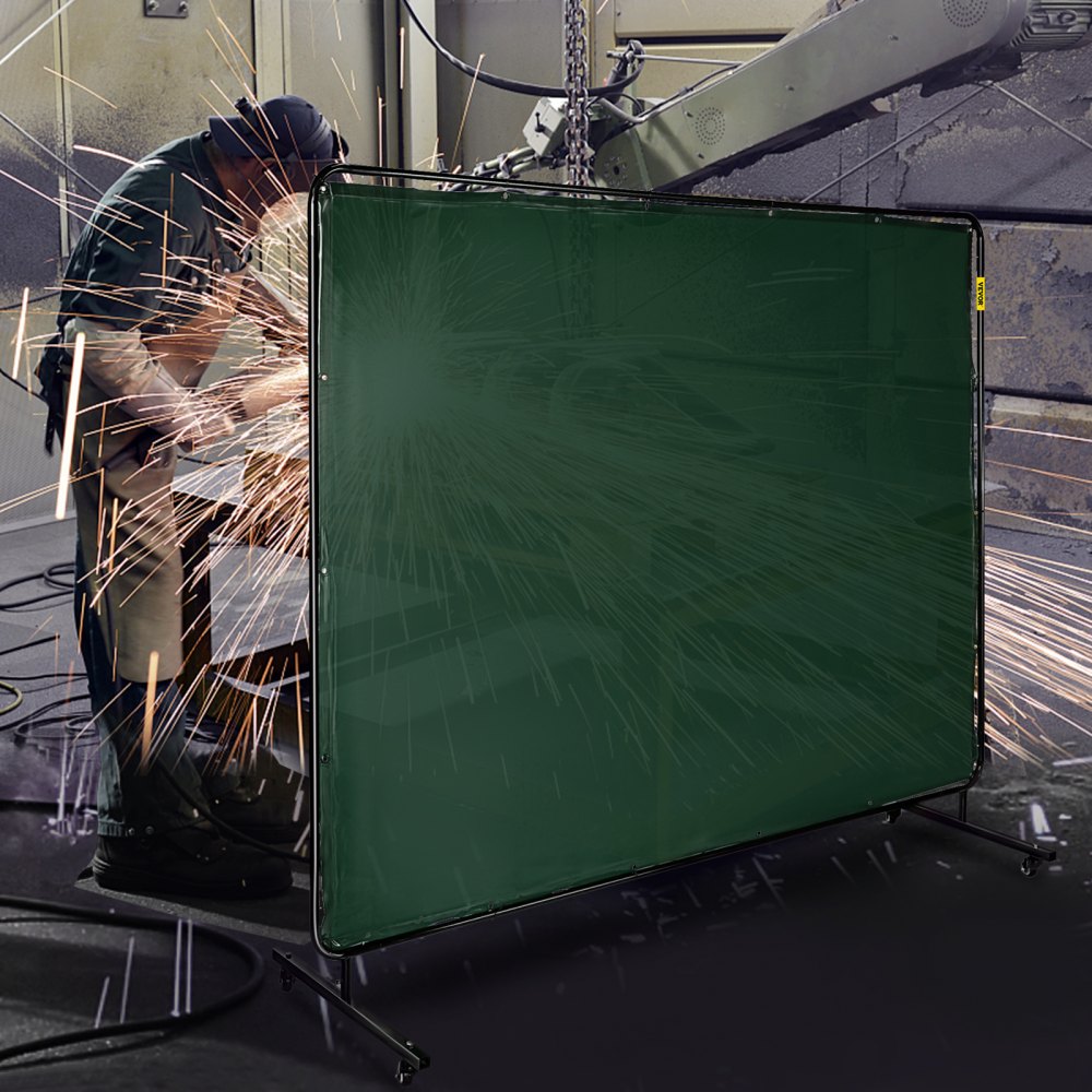 VEVOR Cortina de Soldadura 183x244 cm Cortina de Protección para Soldadura con 4 Ruedas, Material de Vinilo Resistente a Llamas Cortina de Soldar con Alta Protección contra Chispas, Color Verde Oscuro