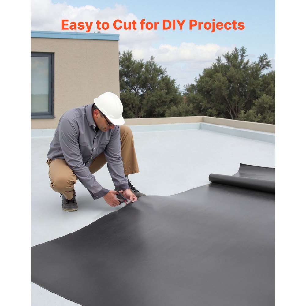 VEVOR Membrana para Techos, 3,048 x 4,572 m, Lámina de EPDM de 1,14 mm, Impermeabilización de Cocheras, Duradera y Resistente a la Intemperie, Base para Autocaravanas, Techos y Estanques, Negro