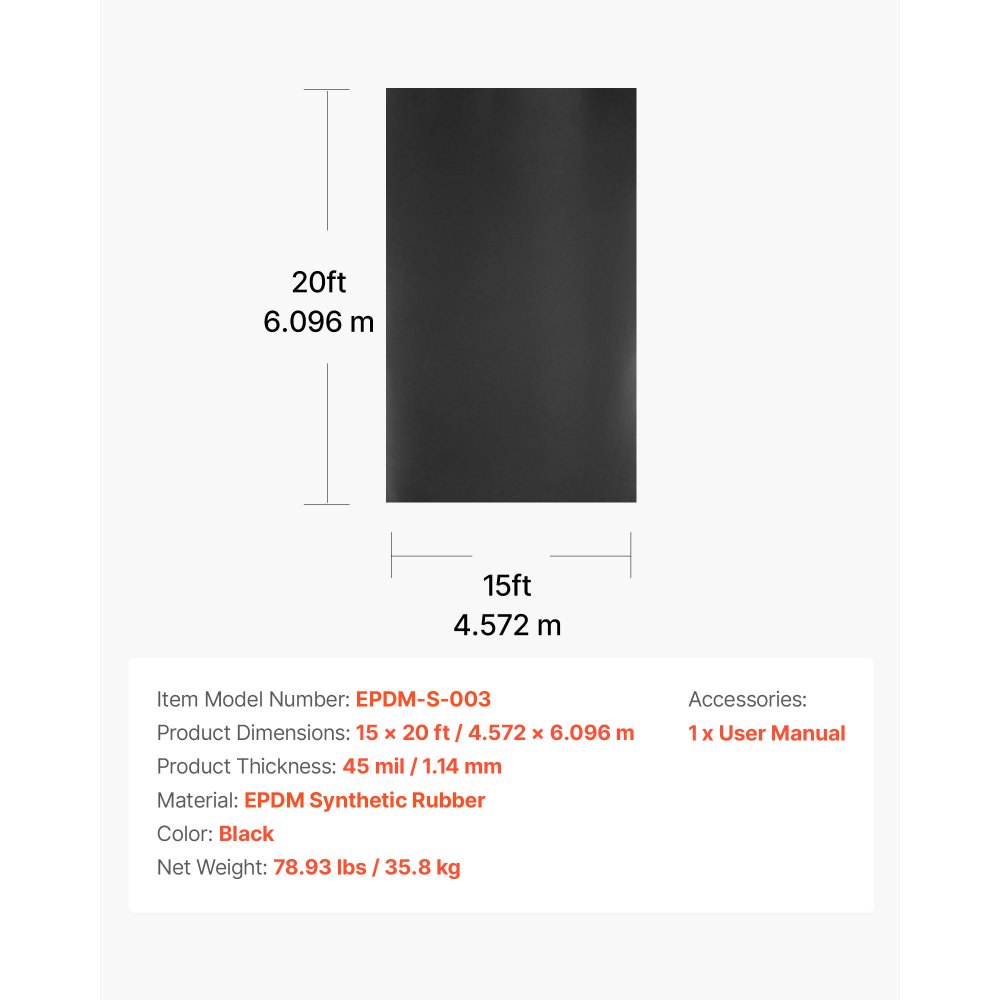 VEVOR Membrana para Techos, 4,572 x 6,096 m, Lámina de EPDM de 1,14 mm, Duradera y Resistente a la Intemperie, Impermeabilización de Cocheras, Base para Autocaravanas, Techos y Estanques, Negro