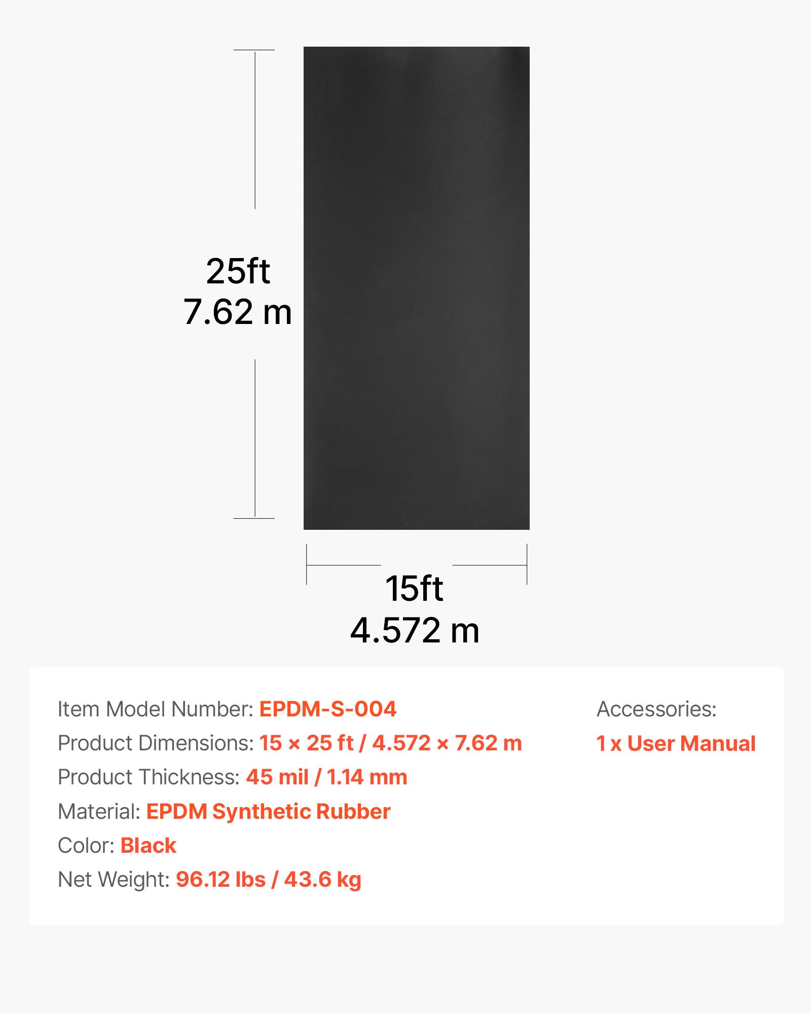 VEVOR Membrana para Techos 4,572 x 7,62 m, Lámina de EPDM de 1,14 mm, Impermeabilización de Cocheras, Duradera y Resistente a la Intemperie, Base para Autocaravanas, Techos y Estanques, Negro