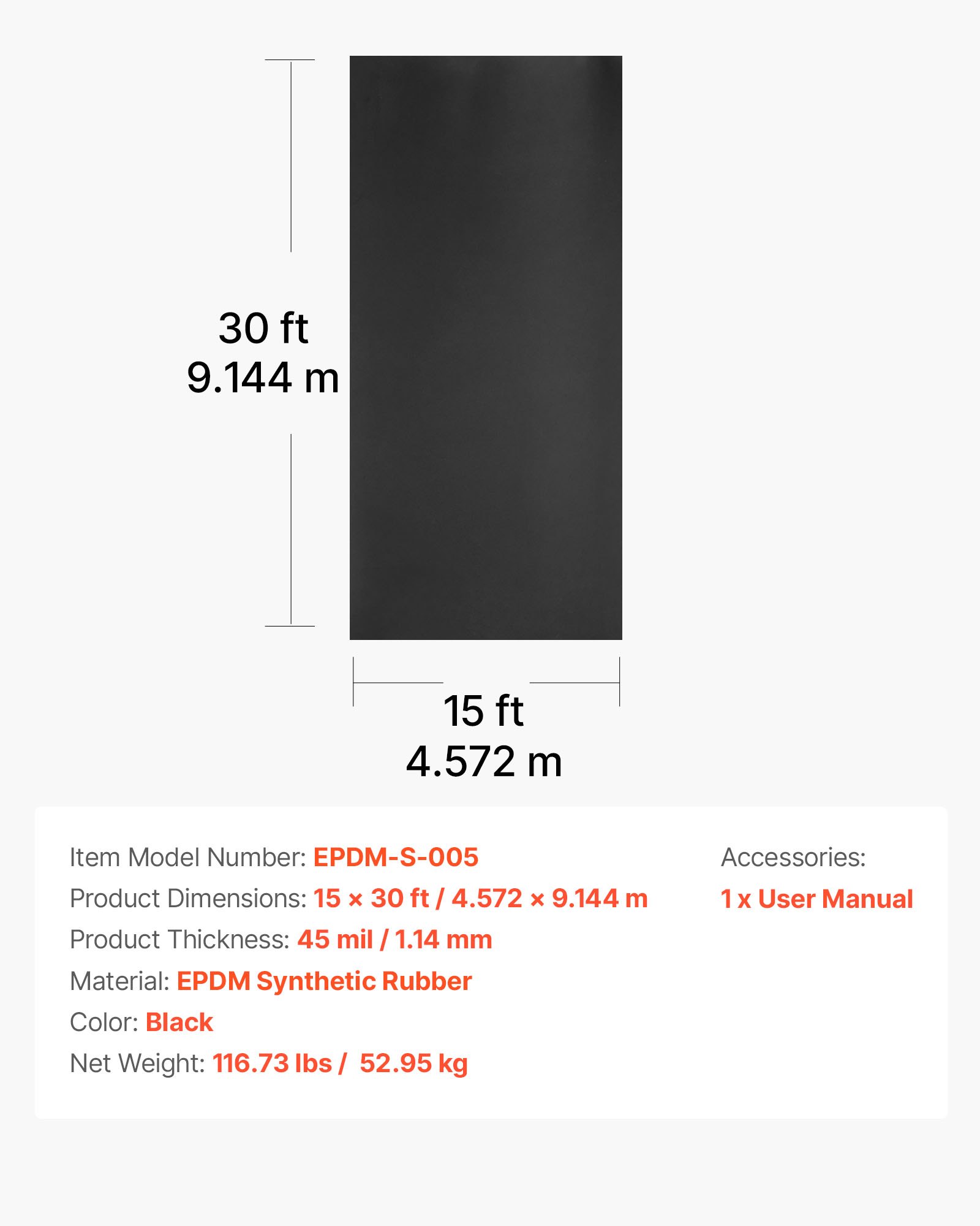 VEVOR Membrana para Techos, 4,572 x 9,144 m, Lámina de EPDM de 1,14 mm, Duradera y Resistente a la Intemperie, Impermeabilización de Techos, Base para Autocaravanas, Cocheras y Estanques, Negro