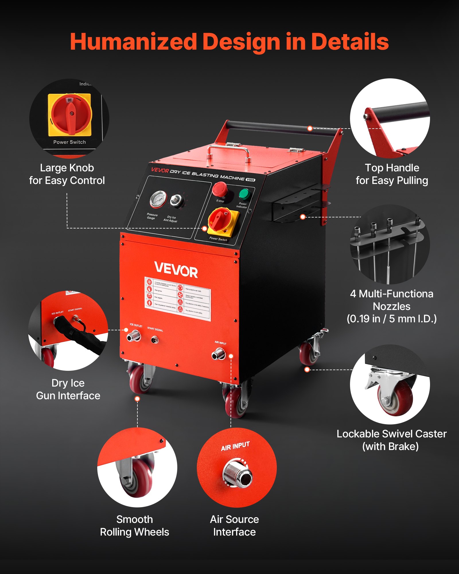 VEVOR Máquina de Limpieza con Hielo Seco, Capacidad de 5 kg, con 4 Boquillas, Presión y Cantidad de Hielo Seco Ajustables, para Aplicaciones Automotrices, Navales, de Aviación y Químicas, Negro