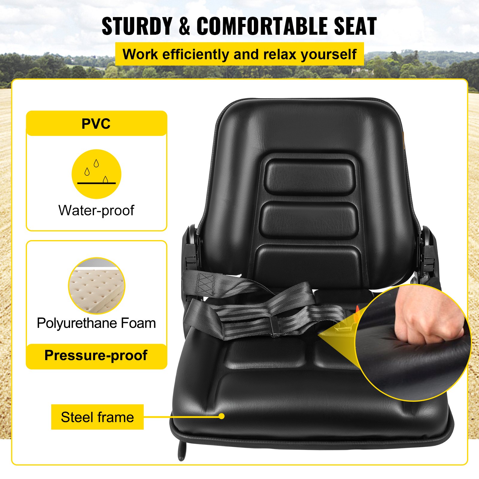 VEVOR Asiento del Tractor 50,4x46,6x46,6 cm Asiento Acolchado Universal Material de PVC y Marco de Acero, Asiento de Tractor con Respaldo Aerodinámico 5 kg para Céspedes, Paisajes y Jardines, Negro