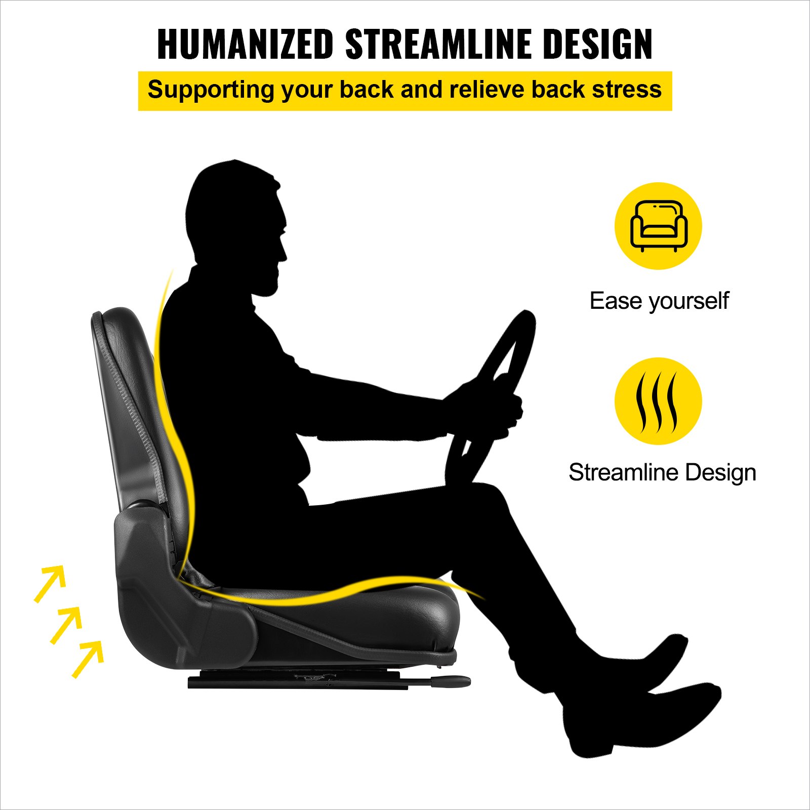 VEVOR Asiento del Tractor 50,4x46,6x46,6 cm Asiento Acolchado Universal Material de PVC y Marco de Acero, Asiento de Tractor con Respaldo Aerodinámico 5 kg para Céspedes, Paisajes y Jardines, Negro