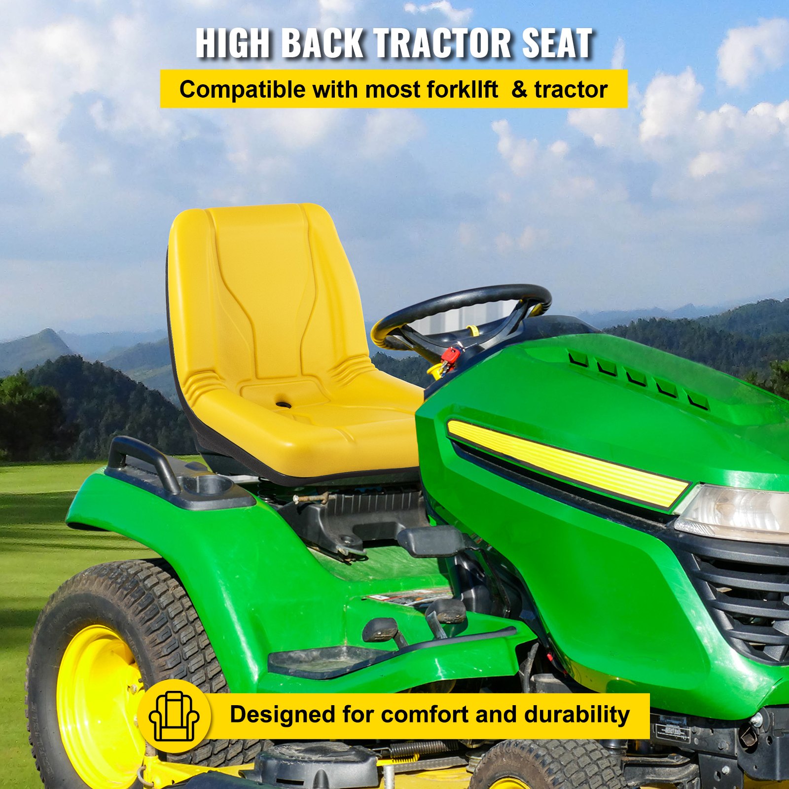 VEVOR Asiento del Tractor 46 x 52,2 x 47,7 cm Asiento Acolchado Universal Material de PVC y Marco de Acero, Asiento de Tractor con Respaldo Aerodinámico para Céspedes, Paisajes y Jardines, Amarillo