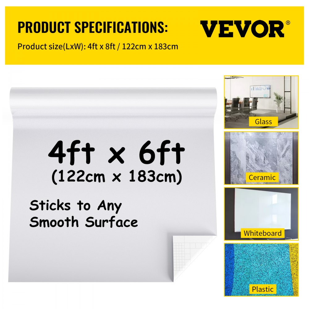 VEVOR Pizarra Blanca Papel de Borrado en Seco 6x4 pies Pizarra Pared Adhesiva con 3 Marcadores Papel de Pizarra Blanca Gruesa Material de PET, Fácil de Escribir y Borrar para Oficina, Hogar o Escuela