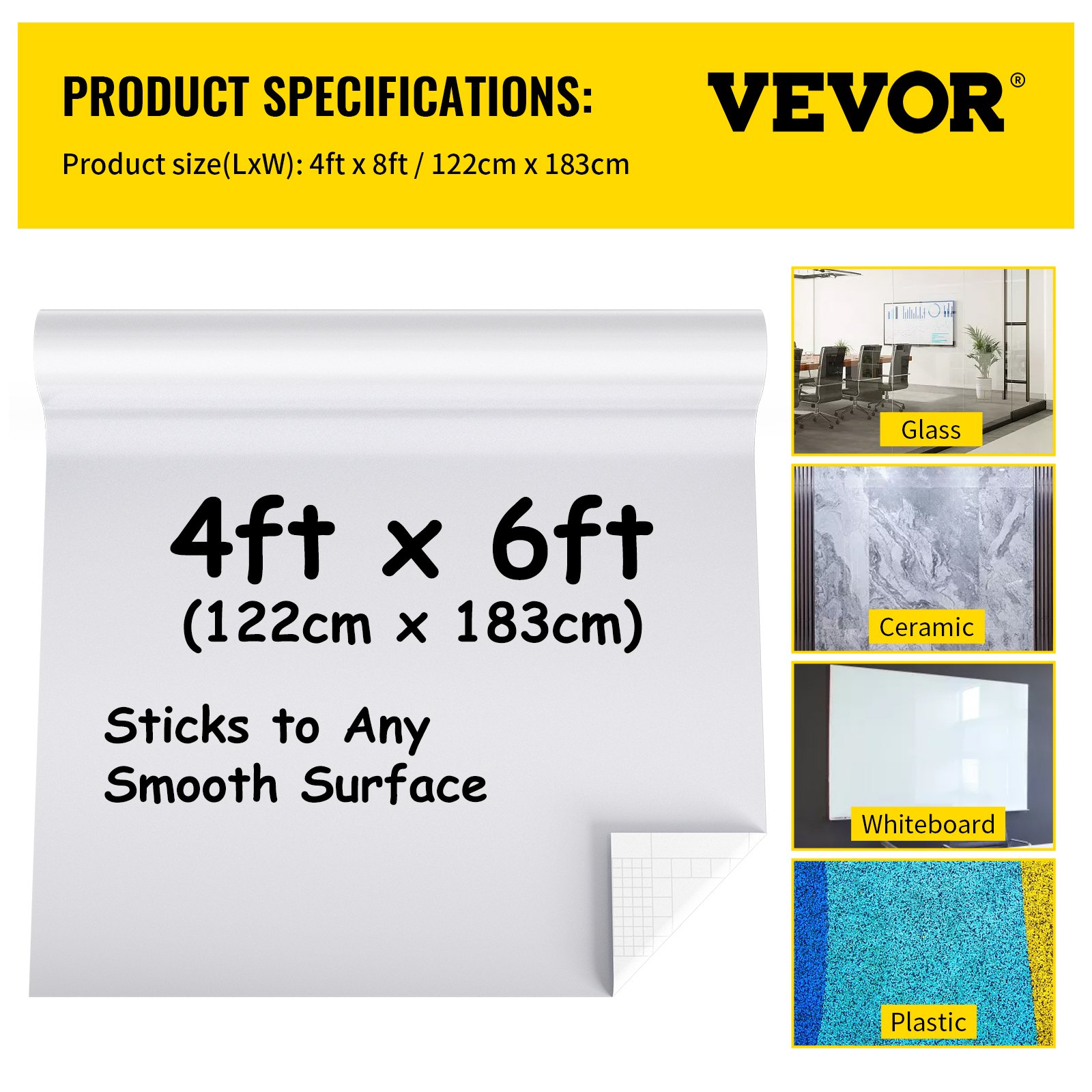 VEVOR Pizarra Blanca Papel de Borrado en Seco 6x4 pies Pizarra Pared Adhesiva con 3 Marcadores Papel de Pizarra Blanca Gruesa Material de PET, Fácil de Escribir y Borrar para Oficina, Hogar o Escuela