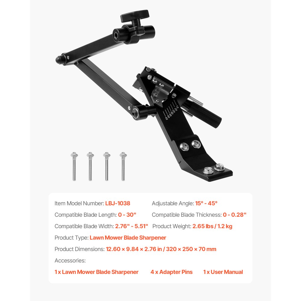 VEVOR Afilador de Cuchillas para Cortacésped Ajustable de 15° a 45° con 4 Pines Adaptadores Diseño de Rodamiento de Bolas Mango Ampliado de 25 mm Compatible con la Mayoría de Amoladoras Angulares