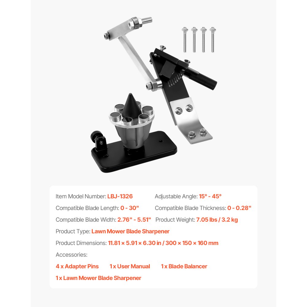 VEVOR Afilador de Cuchillas para Cortacésped con Equilibrador Ajustable de 15°-45° 4 Pines Adaptadores Rodamientos de Bolas Mango Ampliado de 25 mm Compatible con la Mayoría de Amoladoras Angulares