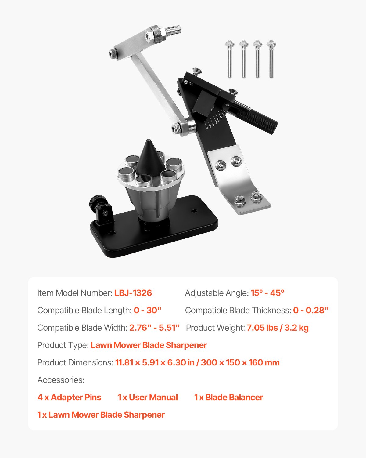 VEVOR Afilador de Cuchillas para Cortacésped con Equilibrador Ajustable de 15°-45° 4 Pines Adaptadores Rodamientos de Bolas Mango Ampliado de 25 mm Compatible con la Mayoría de Amoladoras Angulares