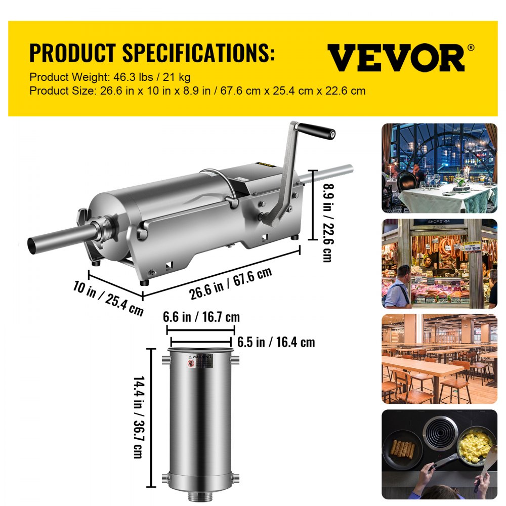 VEVOR Embutidora de Salchichas 7,8 L Horizontal Manual con 5 Tubos 2 Velocidad