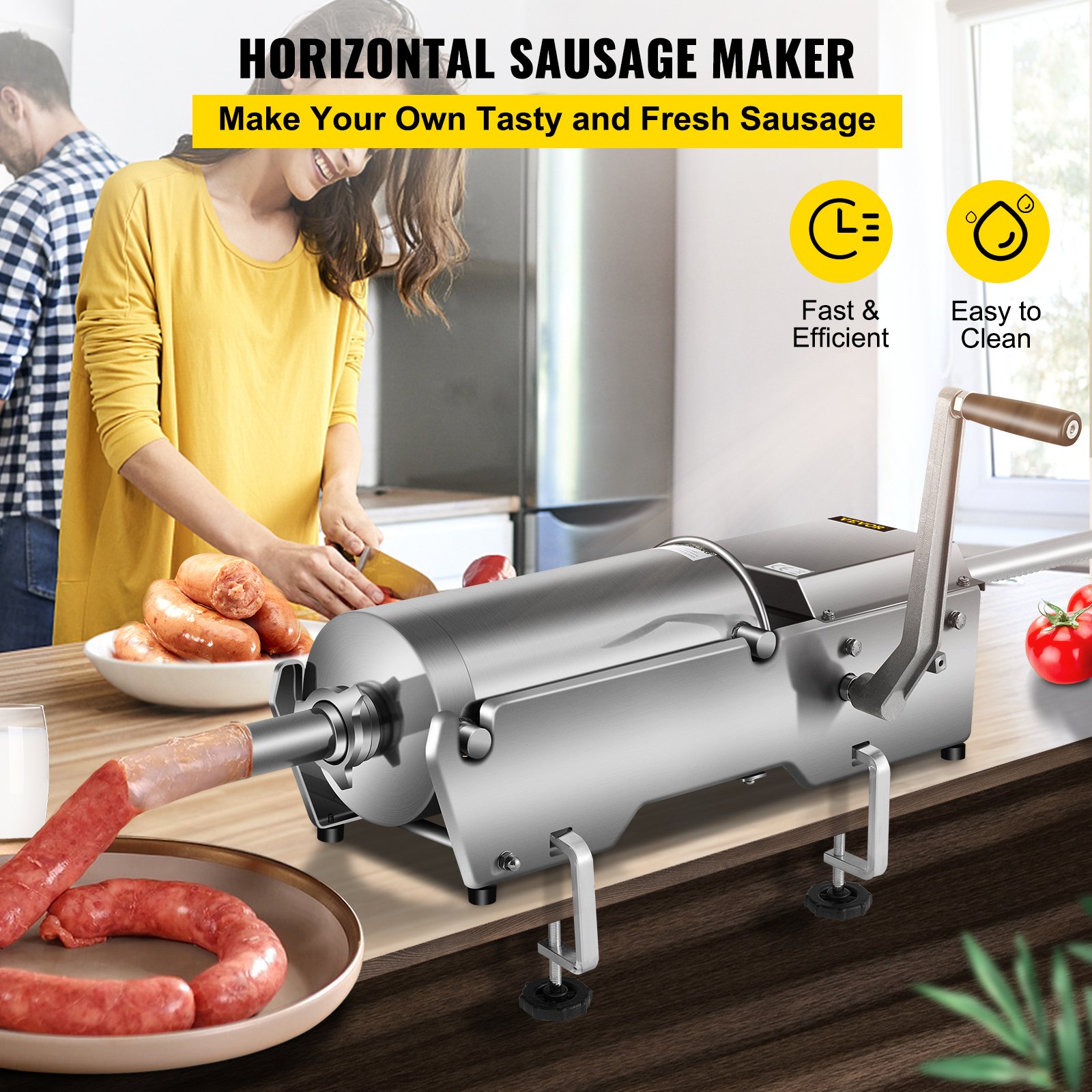VEVOR Embutidora de Salchichas 7,8 L Horizontal Manual con 5 Tubos 2 Velocidad