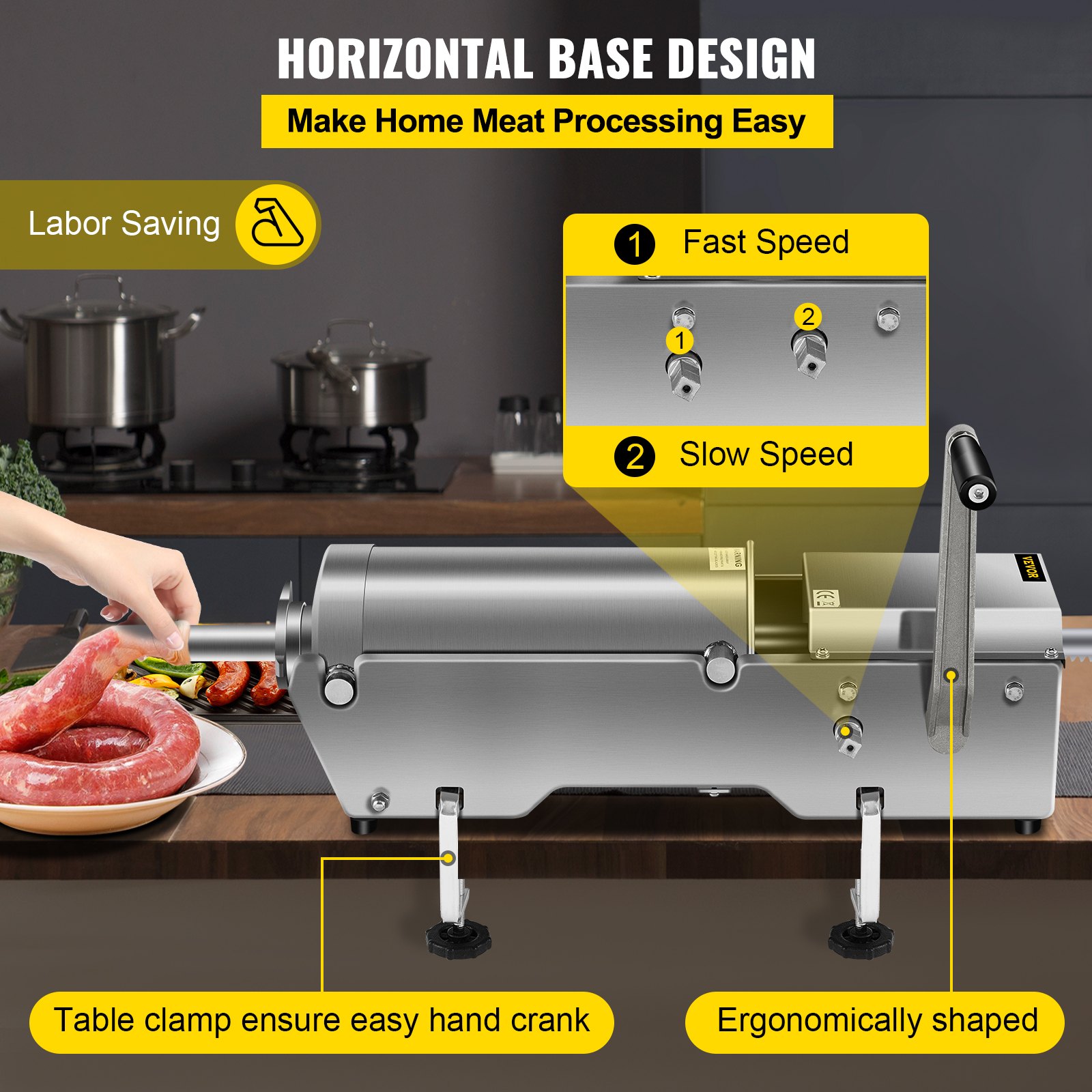 VEVOR Embutidora de Salchichas 7,8 L Horizontal Manual con 5 Tubos 2 Velocidad