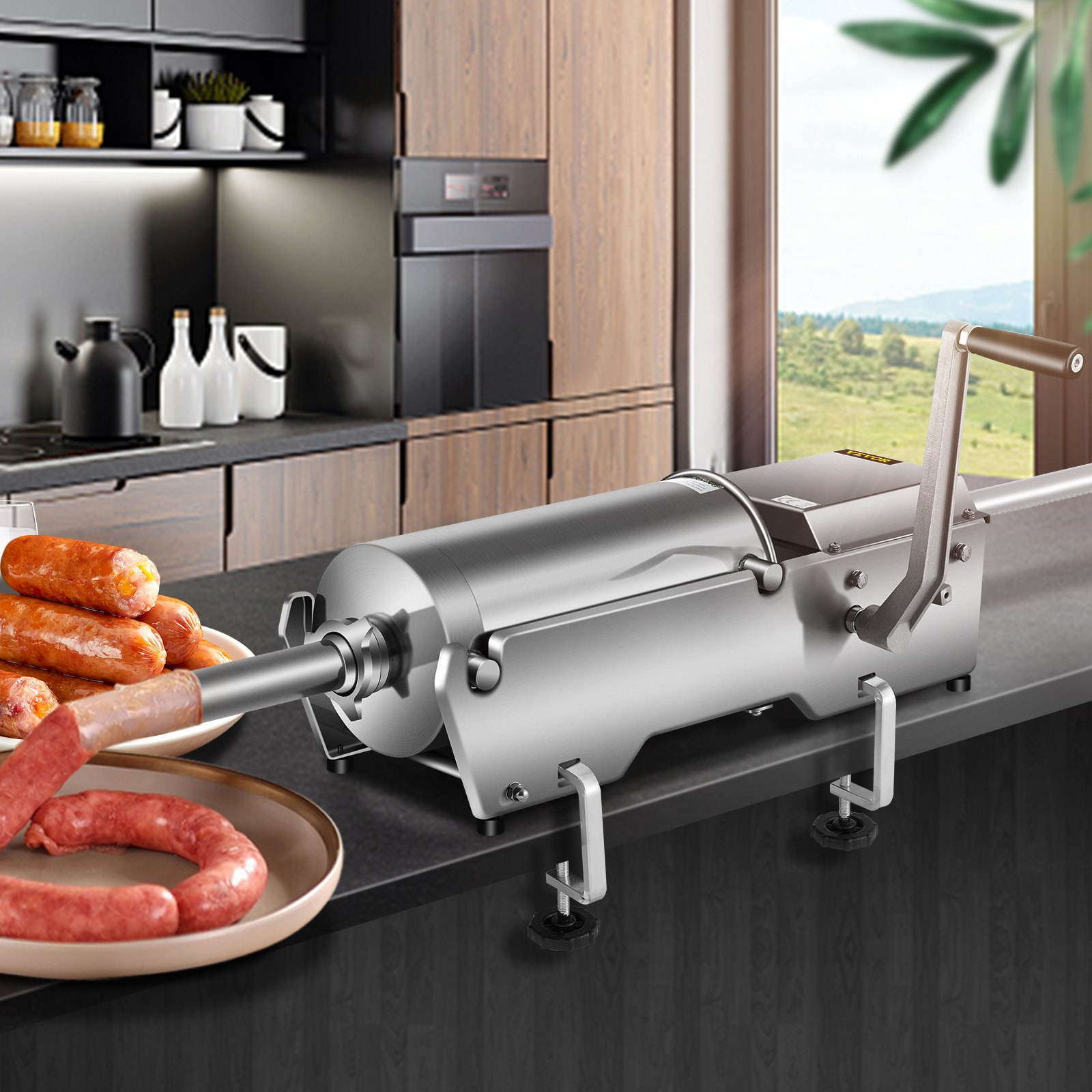 VEVOR Embutidora de Salchichas 7,8 L Horizontal Manual con 5 Tubos 2 Velocidad