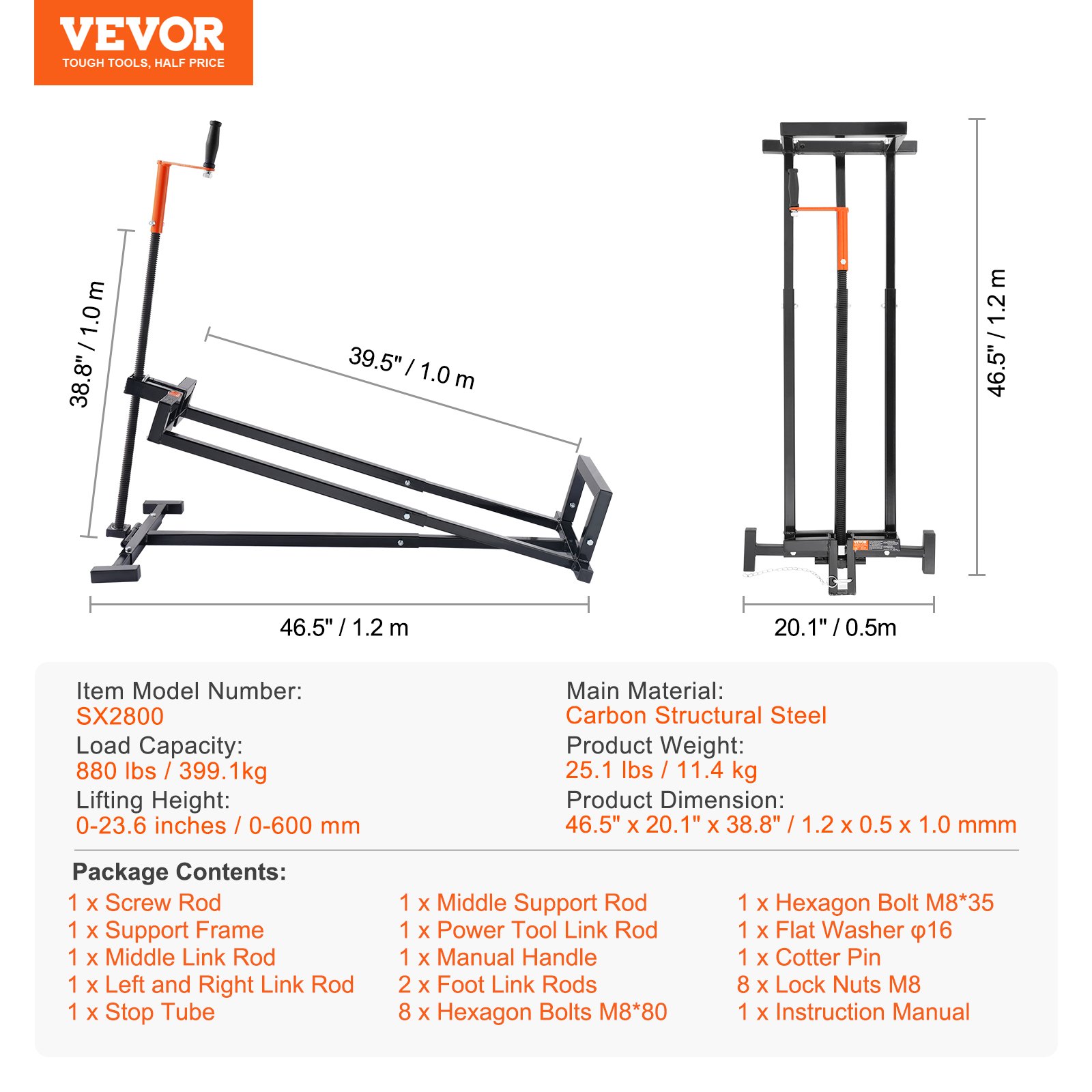 VEVOR Gato Elevador para Cortacésped, Carga de 399,1 kg, Gato Telescópico de Mantenimiento con Manivela y Mango para Herramientas Eléctricas, para Tractores de Césped y Tractores de Jardín, Negro