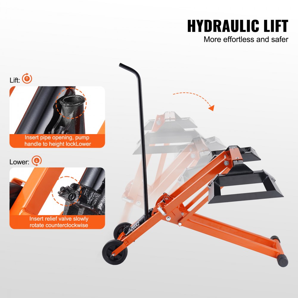 VEVOR Elevador de Cortacésped Móvil Ajustable con Gato Hidráulico, Capacidad de Peso de 225 kg, Acero al Carbono Sólido, para Tractores y Cortadoras de Césped de Giro Cero, Naranja, 1,0 x 1,0 x 0,1 m