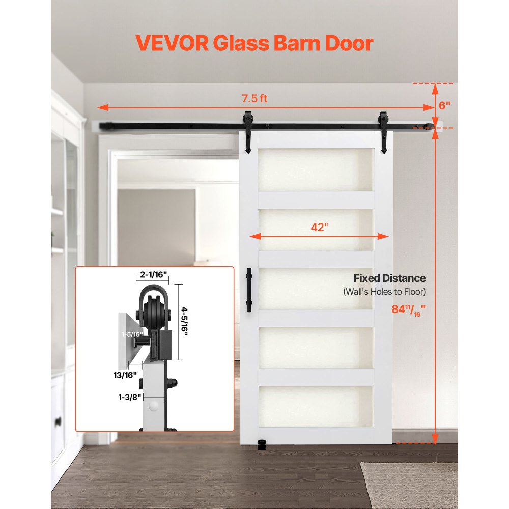 VEVOR Puerta Corrediza de Granero, Panel de la Puerta de MDF y Vidrio 1067 x 2134 mm con Kit de Herrajes, Superficie de PVC Impermeable y Marco en H, Deslizamiento Suave para Sala de Estar y Baño