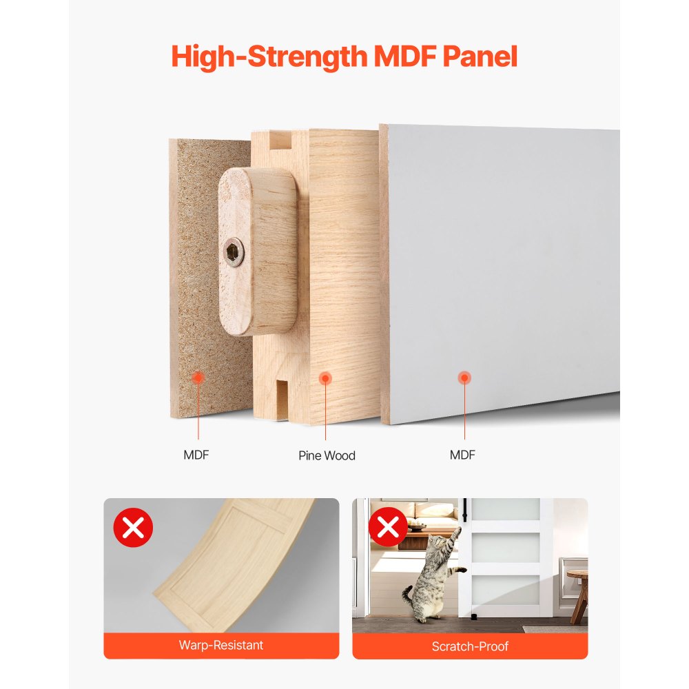 VEVOR Puerta Corrediza de Granero, Panel de la Puerta de MDF y Vidrio 1067 x 2134 mm con Kit de Herrajes, Superficie de PVC Impermeable y Marco en H, Deslizamiento Suave para Sala de Estar y Baño