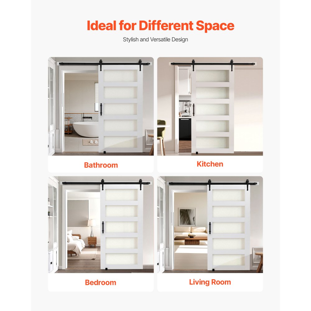 VEVOR Puerta Corrediza de Granero, Panel de la Puerta de MDF y Vidrio 1067 x 2134 mm con Kit de Herrajes, Superficie de PVC Impermeable y Marco en H, Deslizamiento Suave para Sala de Estar y Baño